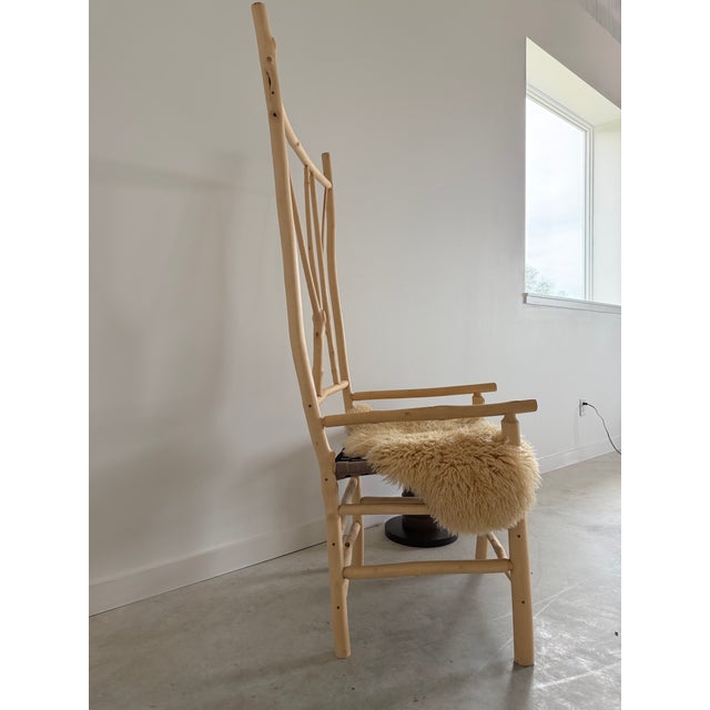 Tall Artist-Made Studio Craft Twig Chair + Woven Checkerboard Seat + Sheepskin For Sale - Image 16 of 17