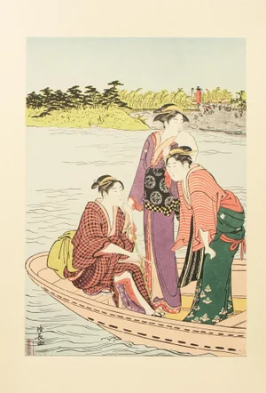 1964 After Kiyonaga "The Ferry on the Rokugo River", Full-Color Print From Japan