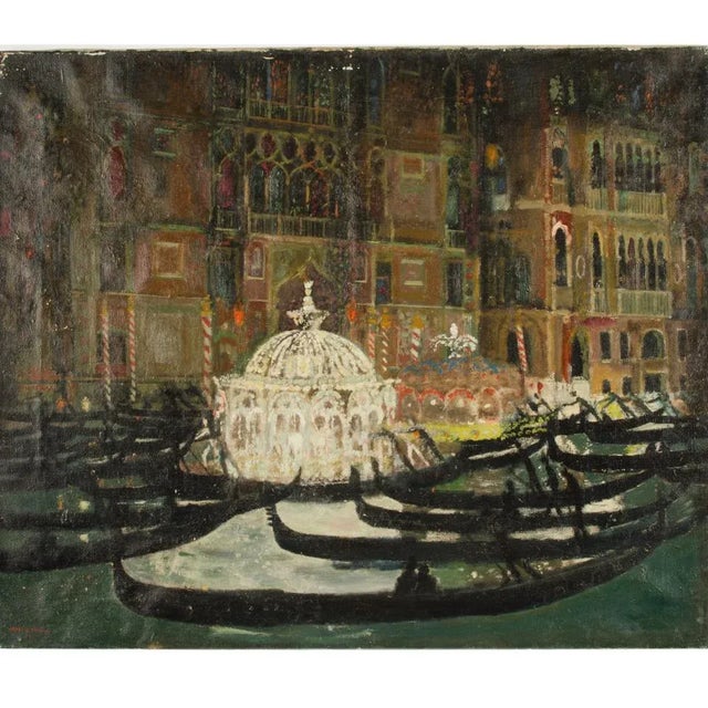 Alfred Reginald Thomson (British, 1895 - 1979) Venetian Scene, gondolas surrounding a fountain painting. Oil on canvas,...