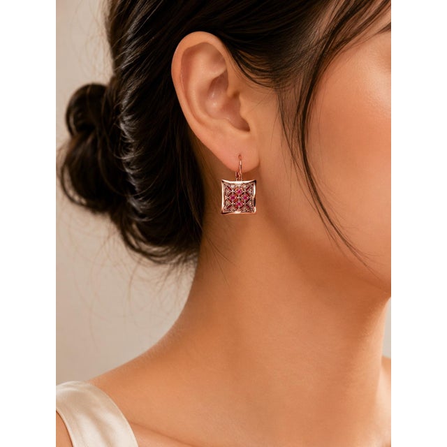14K Pink Gold Antique Ruby & Rose Cut Diamond Earrings Elegant antique 14K Pink Gold Ruby & Rose Cut Diamond Earrings...