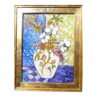 Framed "Flowers in a Yellow Chinese Vase" Contemporary Still Life Oil Painting For Sale