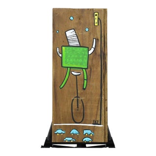 Late 20th Century Manuel Paz Untitled Acrylic on Reclaimed Wood, Street Juggler For Sale