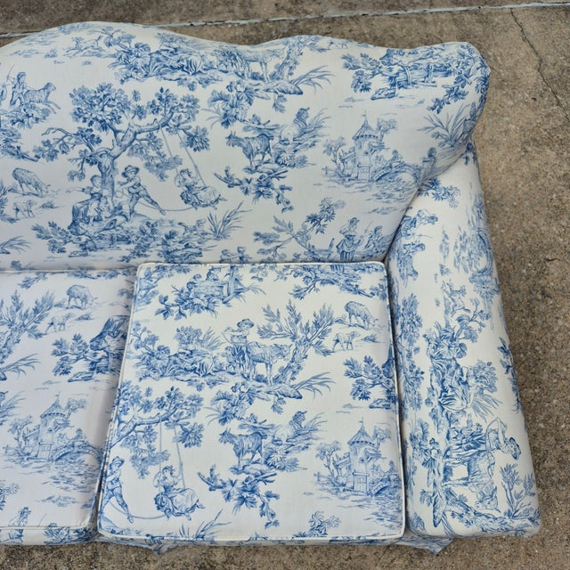 Antique Blue & White Toile De Jouy Camel Back Loveseat Rolled Arms Pleated Skirt For Sale In Washington DC - Image 6 of 16