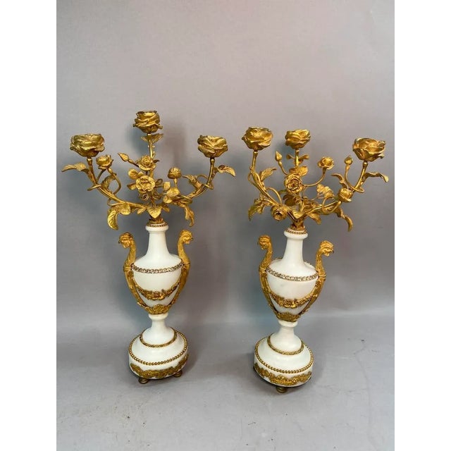 19thC French Louis XVI White Marble Bronze Candelabras - Pair For Sale - Image 10 of 17