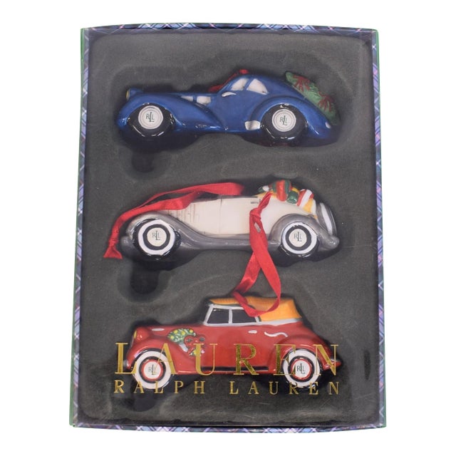 Box Set X 3 Ralph Lauren Ceramic Classic Roadsters Christmas Ornaments (New W/ Tartan Box) For Sale