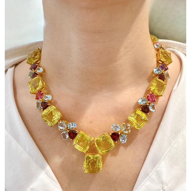 Bochic “Capri” Lemon Quartz, Blue Topaz & Rose Rosrite Necklace - 18K Gold & Si For Sale - Image 4 of 9