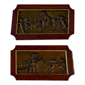 Pair of French Repoussé Bronze Relief Plaques, Bacchanal Putti With Goats, After Clodion, Circa 1900