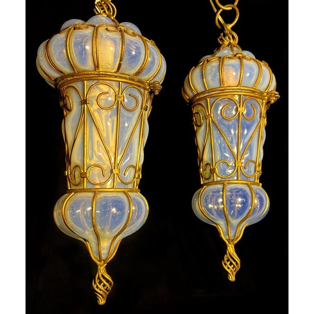 CVenetian Opal Glass Lanterns and Sconce, Murano, 1950s, Set of 2 For Sale - Image 3 of 18