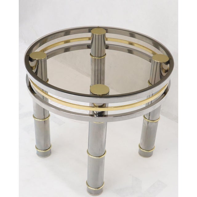 Mid-Century Modern Late 20th Century Chrome Brass Smoked Glass Round Side Table Stand For Sale - Image 3 of 10