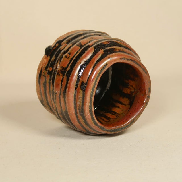 Hand-Thrown Sculptural Wabi Sabi Studio Stoneware Vessel With Iron Red and Charcol Glaze For Sale - Image 10 of 11