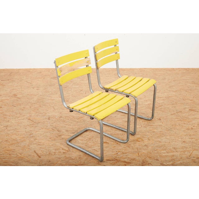 Stackable Yellow Model 1023 Garden Chair Set in Galvanized Steel Tubing and Wooden Slats by Embru, 1934, Set of 2 For Sale - Image 10 of 14