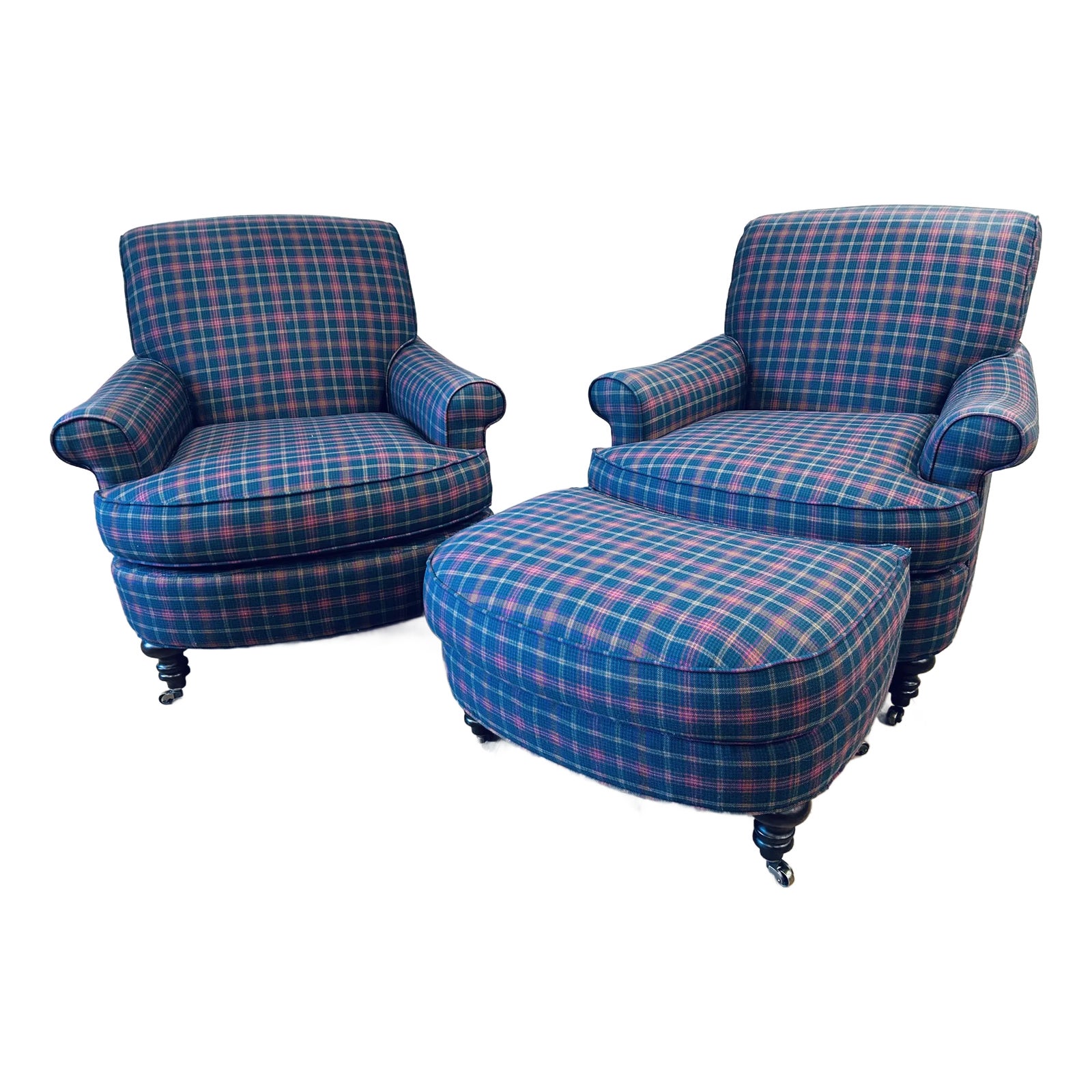 Early 2000s George Smith Style Vintage Plaid Rolled Arm Club Chair and ...