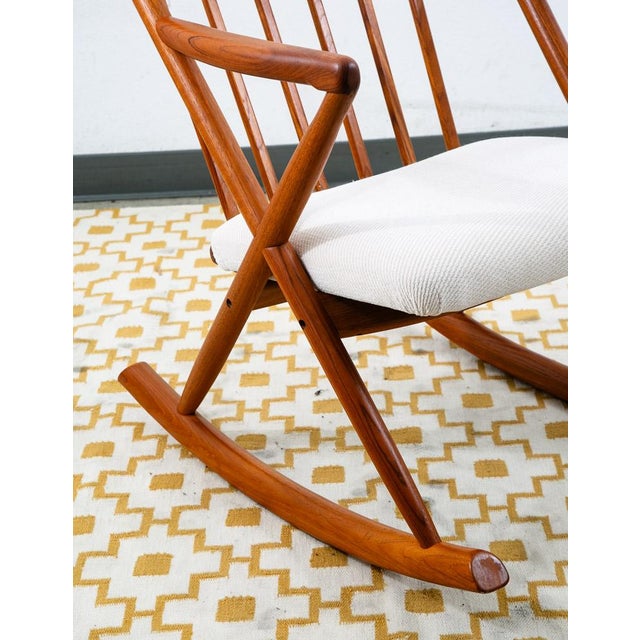 1960s Mid Century Danish Modern Rocking Chair Attributed to Benny Linden Teak Floating White Wool MCM For Sale - Image 9 of 12
