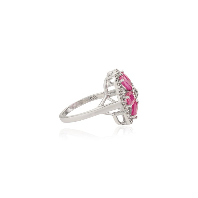 Not Yet Made - Made To Order Handcrafted 925 Siver Oval Cut Ruby & Halo Diamond Flower Cocktail Ring - Size 6 For Sale - Image 5 of 10