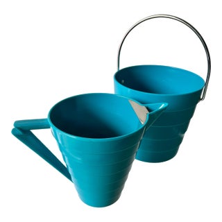 Vintage Larry Laslo for Towle Turquoise Blue Ice Bucket and Pitcher Set 80s Modern Memphis Barware - a Pair For Sale