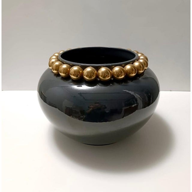 Dark Grey / Green Lacquered Ceramic Vase with Pure Gold Pearls, Italy, 1950s For Sale - Image 11 of 11