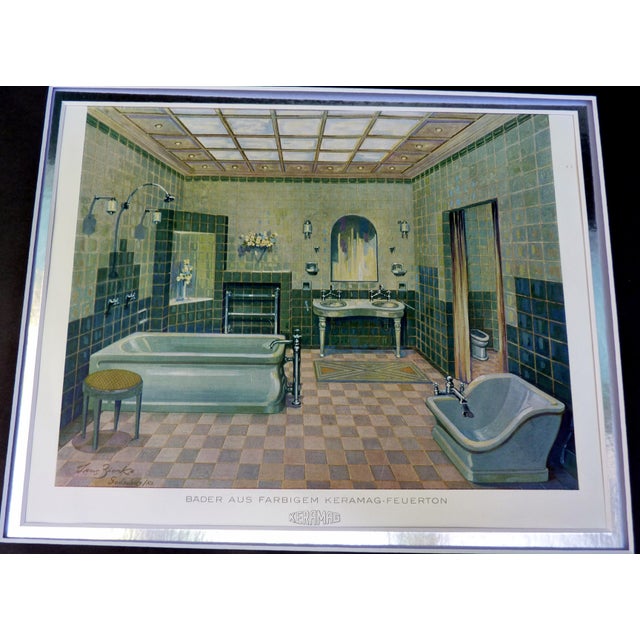 A rare and visually striking original architectural lithograph from circa 1930, advertising the "Feuerton" (fireclay)...