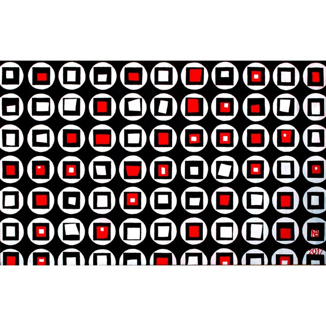 Red and Black Dynamic Circles Acrylic Painting by Natalia Bessonova Large Pattern Geometry Squares For Sale