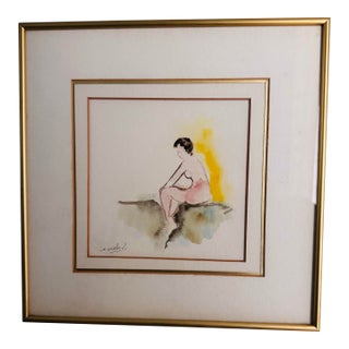 Vintage Original Watercolor and Ink Seated Nude, Signed For Sale