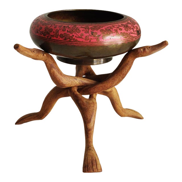 Mid 20th Century Hand-Carved Interlocking Legs With Enameled Brass Bowl For Sale