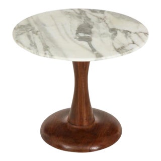 Mid Century Modern Side Table, Walnut and Marble Top. For Sale