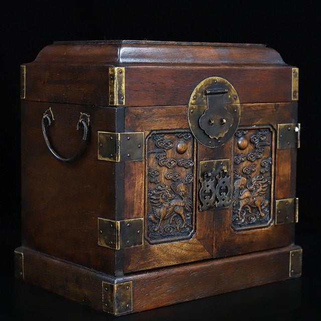 1990s Vintage Rosewood Official Cabinet Jewelry Box, Hand Carved Kylin With Brass Hardware For Sale - Image 5 of 9