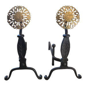 Mid 20th Century Virginia Metal-Crafters Iron With Brass Medallions Andirons - A Pair