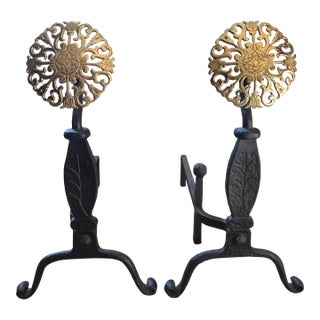 Vintage Virginia Metal-Crafters Iron With Brass Medallions Andirons - A Pair For Sale