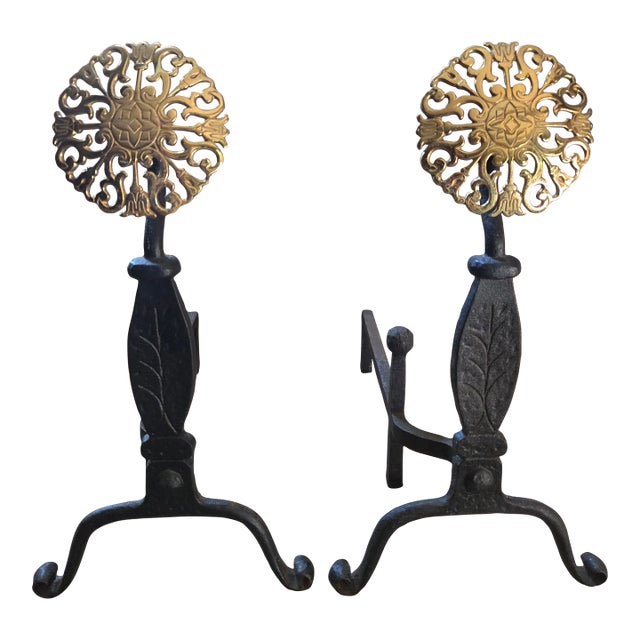 Vintage Virginia Metal-Crafters Iron With Brass Medallions Andirons - A Pair For Sale