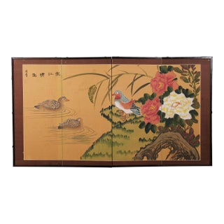 1970s Japanese 4-Panel Byobu Featuring a Duck Pond, a Songbird, Blossoming Flowers Hand Signed & Painted Folding Divider Screen For Sale