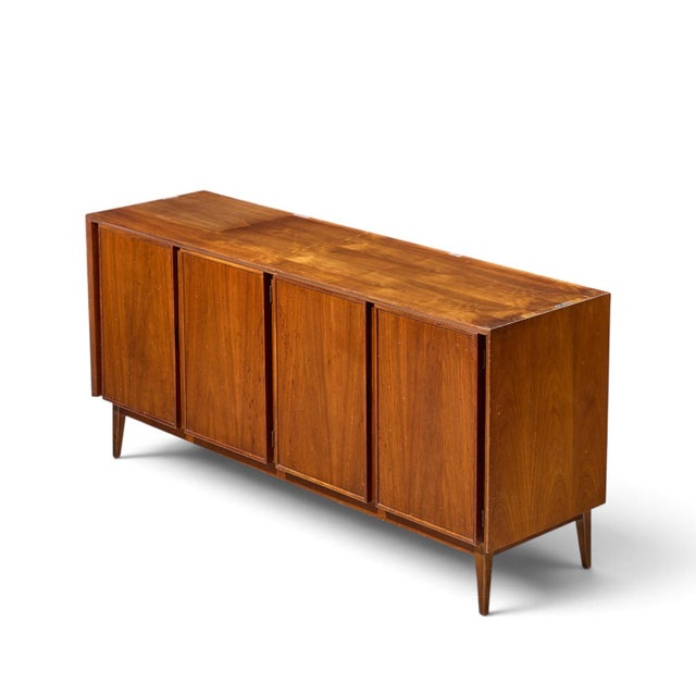 Merton Gershun for American of Martinsville Mid Century Walnut and Cane Credenza and Hutch For Sale - Image 12 of 14