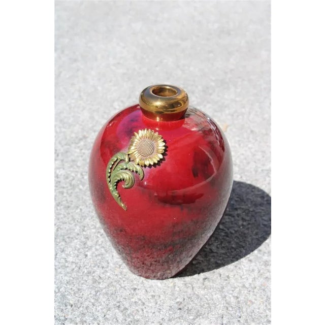 1930s Art Deco Red Ceramic Vase with Gold and Brass, 1930s For Sale - Image 5 of 9
