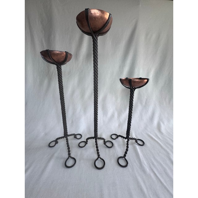 Vintage Brutalist Copper Cup Twisted Iron Metal Candlesticks, Set of Three For Sale - Image 4 of 11