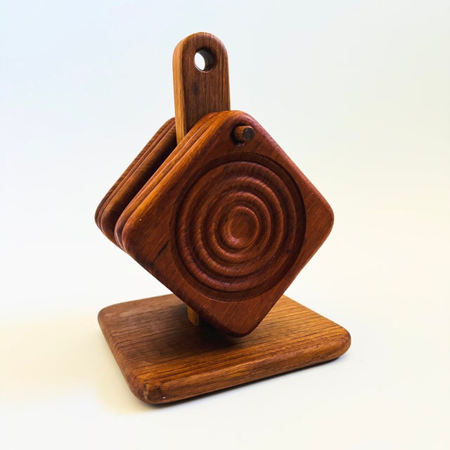 Mid Century Teak Hanging Coaster Set - Set of 6 Coasters With Holder - 1970s For Sale - Image 4 of 14