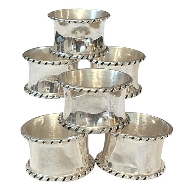 English Vintage Silver-Tone Rope Edge Napkin Rings – Set of 6 For Sale - Image 3 of 6