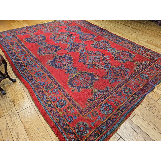 Vintage Turkish Oushak Hand-Knotted Rug, Red Geometric, Early 1900s, 9' x 11' For Sale - Image 12 of 18