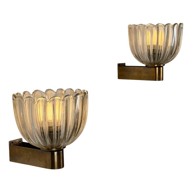 Murano Crystal Sconces with Suspended Gold Leaf Particles by E. Barovier for Erco, 1940s, Set of 2 For Sale