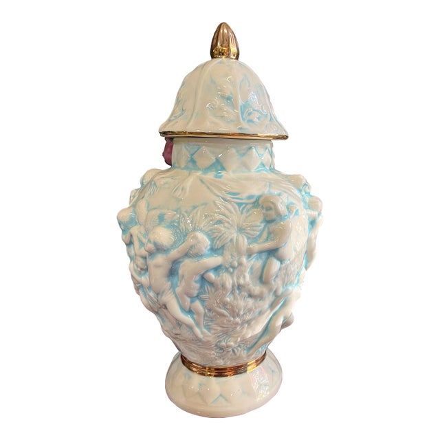 1970s Hint of Blue Venetian Style Ceramic Jar For Sale