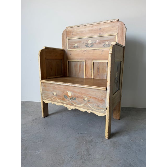 Folk Art Antique Hand-Painted Folk Art Wooden Settle Bench With Floral Motifs For Sale - Image 3 of 12