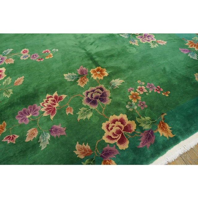 Early 20th Century 1920s Green Floral Modern Antique Chinese Art Deco Rug 8' 8"x11' 4" Handknotted Wool Carpet For Sale - Image 5 of 7