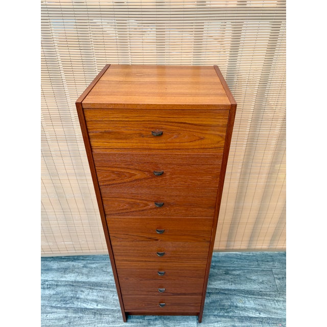 Brown Mid Century Danish Modern Teak Highboy / Lingerie Chest of Drawers. Circa 1970s For Sale - Image 8 of 18