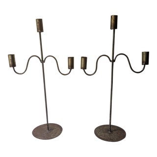 Mid 20th Century Handmade Forged Metal Candelabra Candle Holders - a Pair For Sale