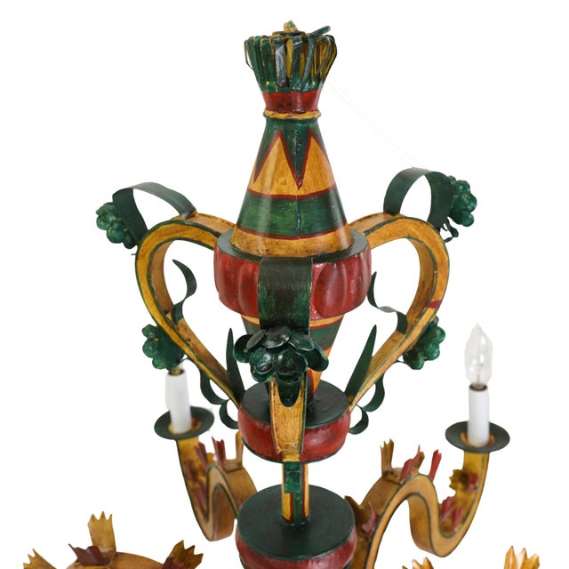 Vintage Six-Arm Tole Chandelier Hand-Painted in Gold, Green, and Red For Sale - Image 9 of 13