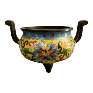 Large Vintage Cloisonné Enamel Tripod Censer With Handles For Sale