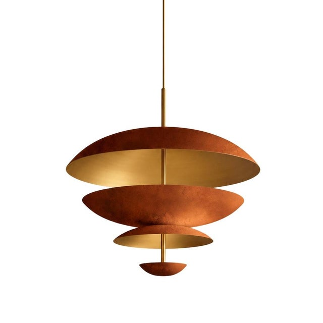 Modern Tiered Pink Brass Chandelier | Handmade Copper Disc Ceiling Light | Mid Century Modern Luxury Pendant | Art Deco Statement Lighting Fixture For Sale - Image 3 of 7