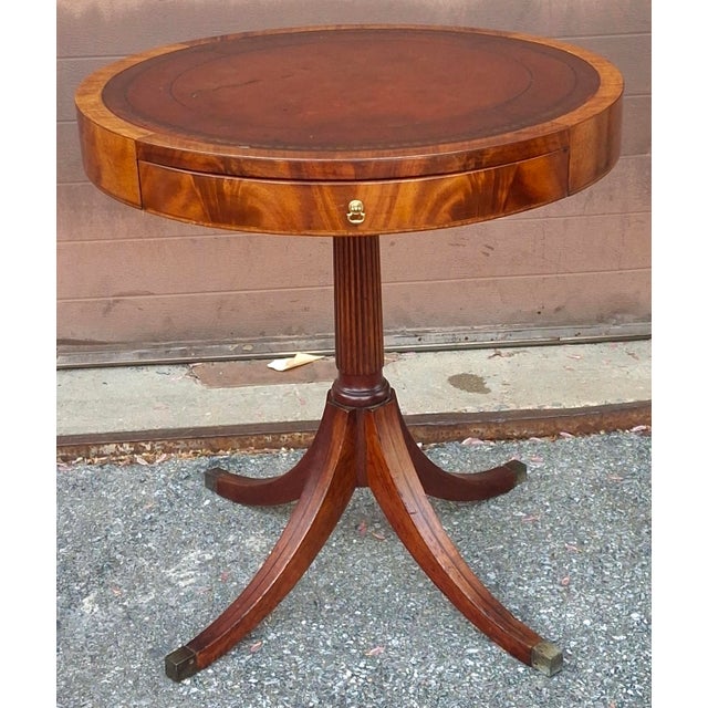 Brown Early 20th Century Georgian Style Tooled Leather Inset Mahogany Drum Table For Sale - Image 8 of 10