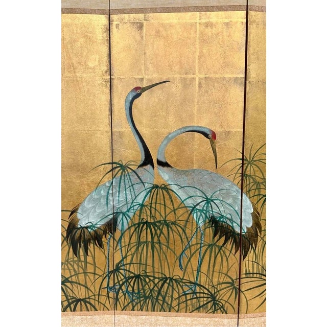 Early 20th Century Japanese Four-Fold Byobu Screen With Cranes and Young Bamboo For Sale - Image 9 of 18