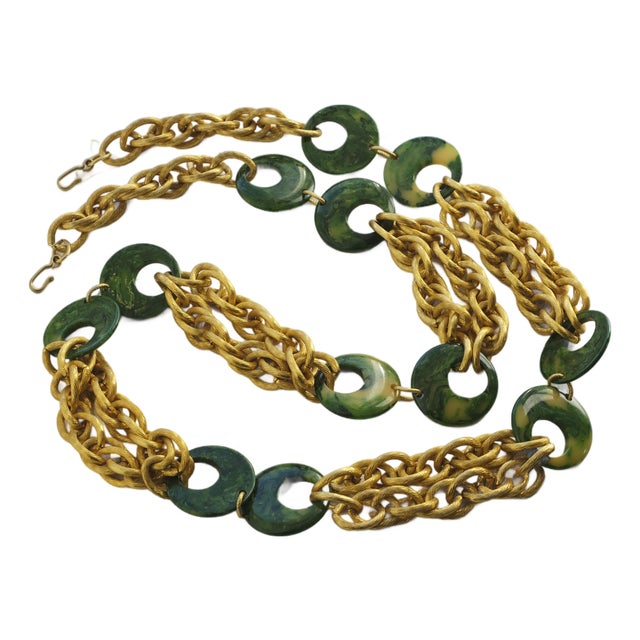 Vintage, 1970s Malachite Green Bakelite Gold-Tone Metal Chain Necklace/Belt For Sale