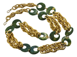 Vintage, 1970s Malachite Green Bakelite Gold-Tone Metal Chain Necklace/Belt