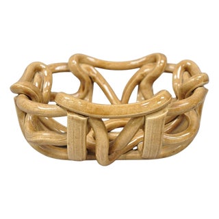 Vintage Modernist Brown Woven Pottery Clay Creations Ceramic Fruit Bowl Basket For Sale